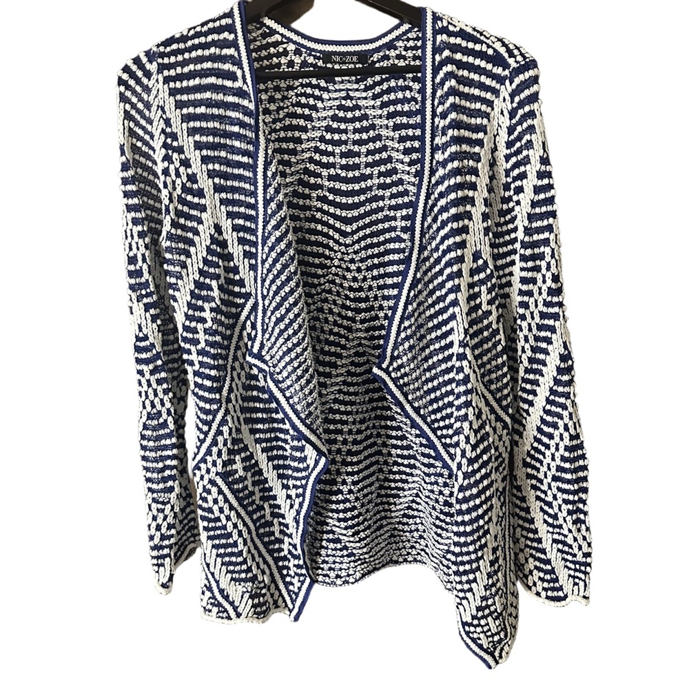 Nic and Zoe Open Front Cardigan Lightweight Navy White Geometric Texture Sz L